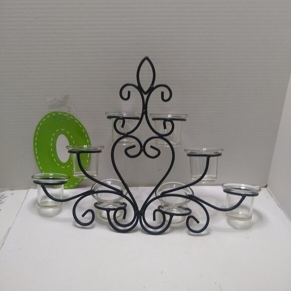 vtg WROUGHT IRON WALL HANGING CANDLE SCONCE VOTIVE TEA LIGHT GLASS CUPS 12.5"x17 - Picture 1 of 4